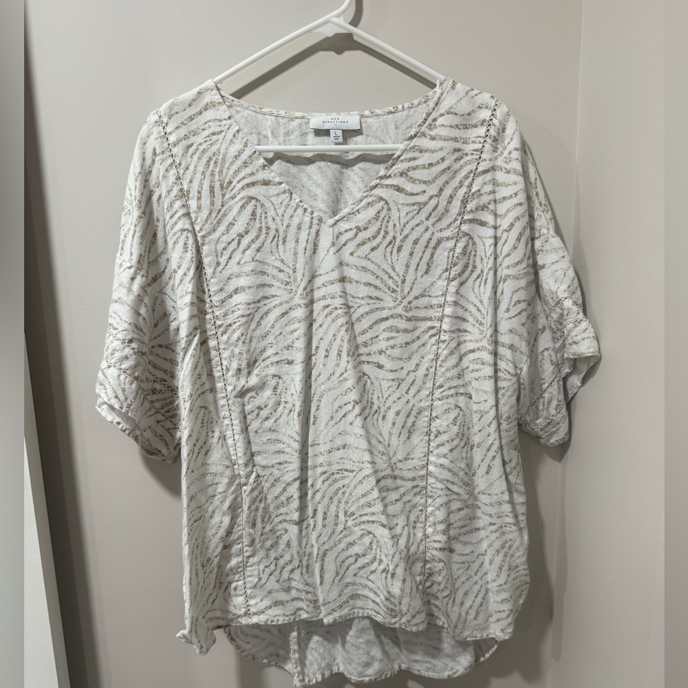 New Directions Cream and Brown Zebra Print Blouse linen